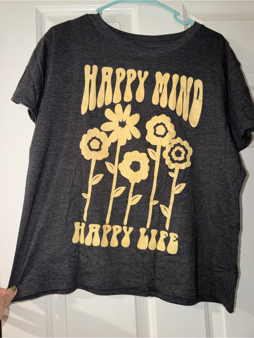 Happy Mind Happy Life Graphic Tee - Charcoal with Yellow Print